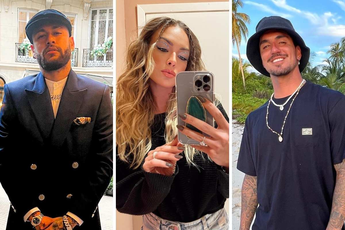 Neymar, Bárbara Heck e Gabriel Medina posando para fotos