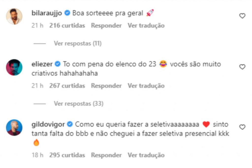 Ex-Brothers comentam nas redes socias post de boninho