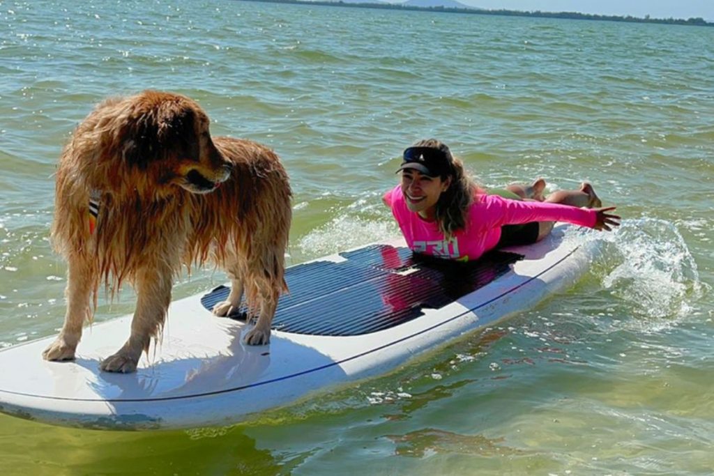 Jake Leal praticando stand-up com cachorro