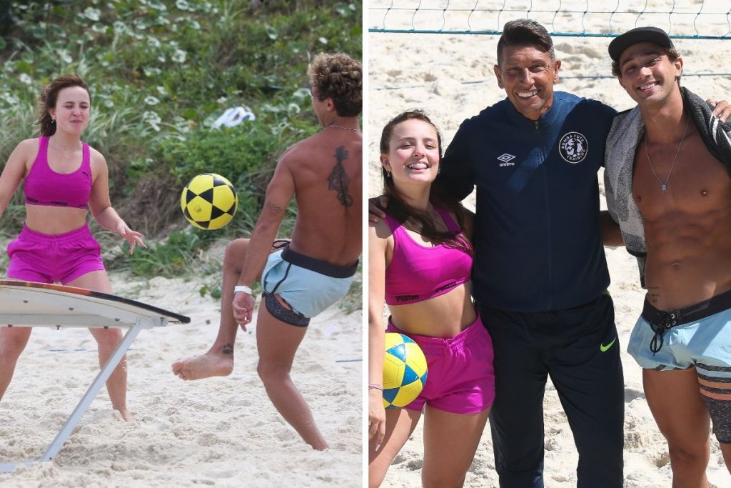 Larissa Manoela e André Luiz Frambach na praia da Barra da Tijuca