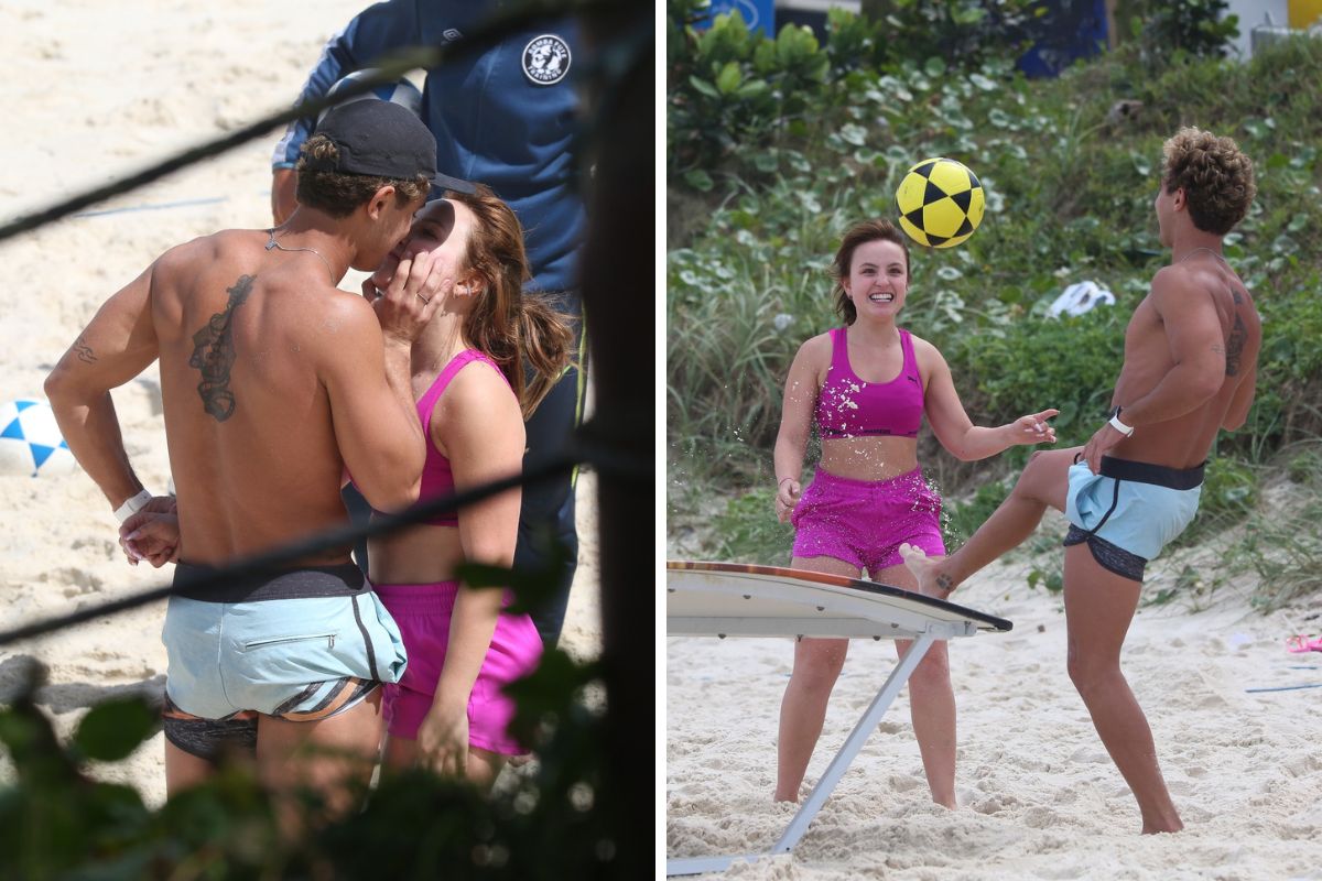 Larissa Manoela e André Luiz Frambach na praia da Barra da Tijuca