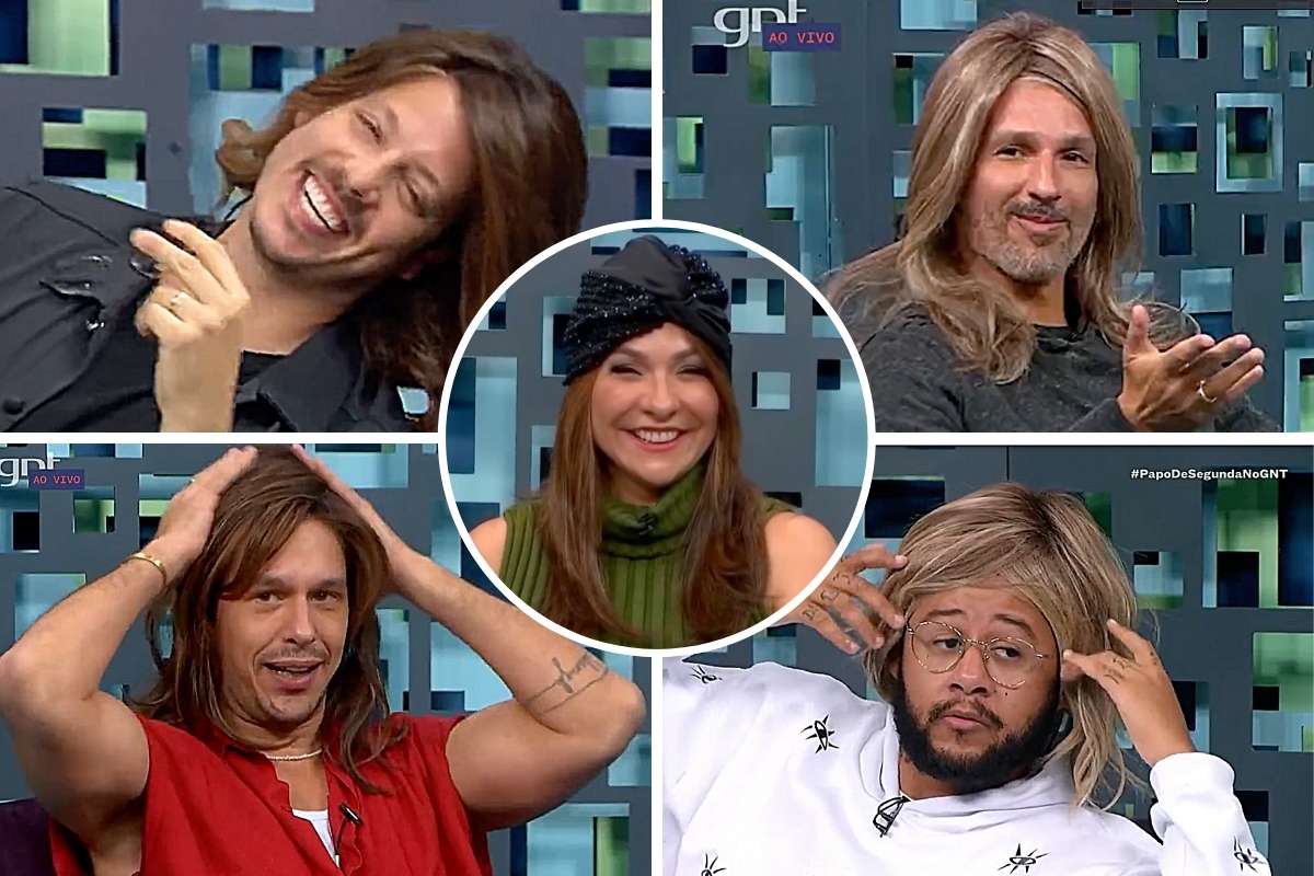 Maria Beltrão, Fabio Porchat, Emicida e Francisco Bosco, no programa Papo de segunda-feira