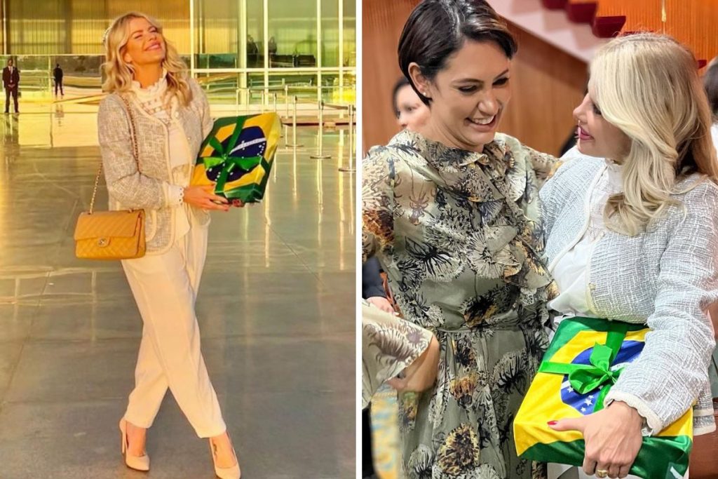 Karina Bacchi e Michelle Bolsonaro com presente