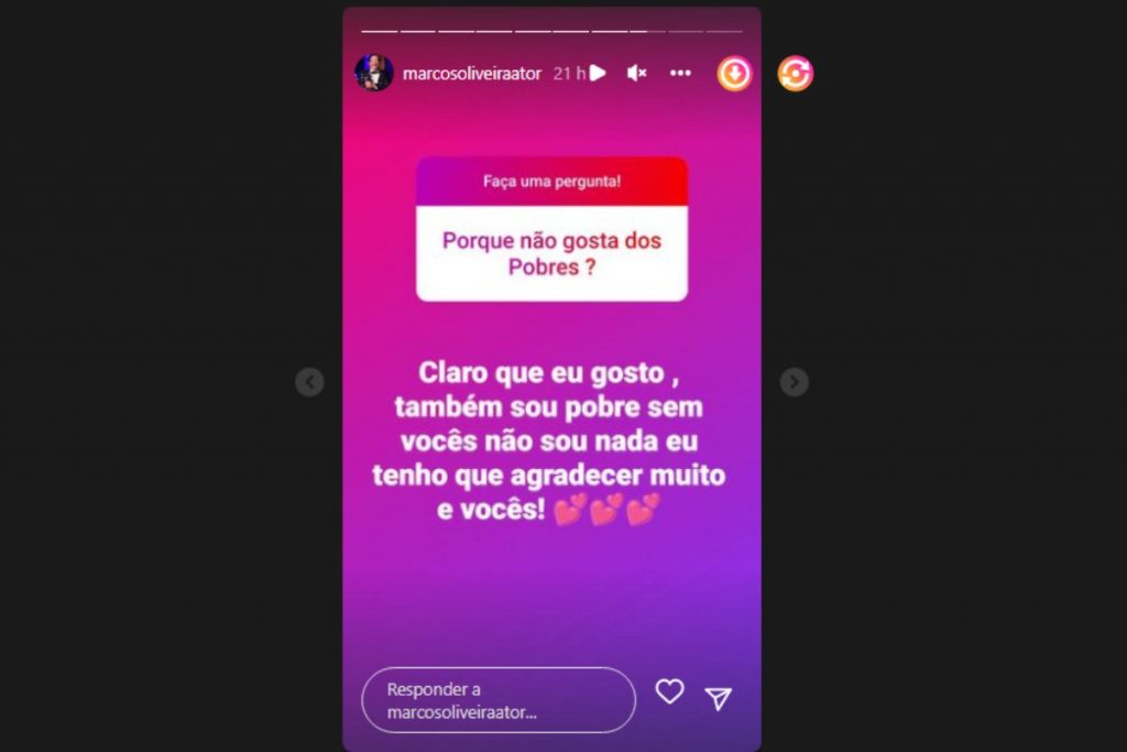 stories de marcos oliveira negando odiar pobres