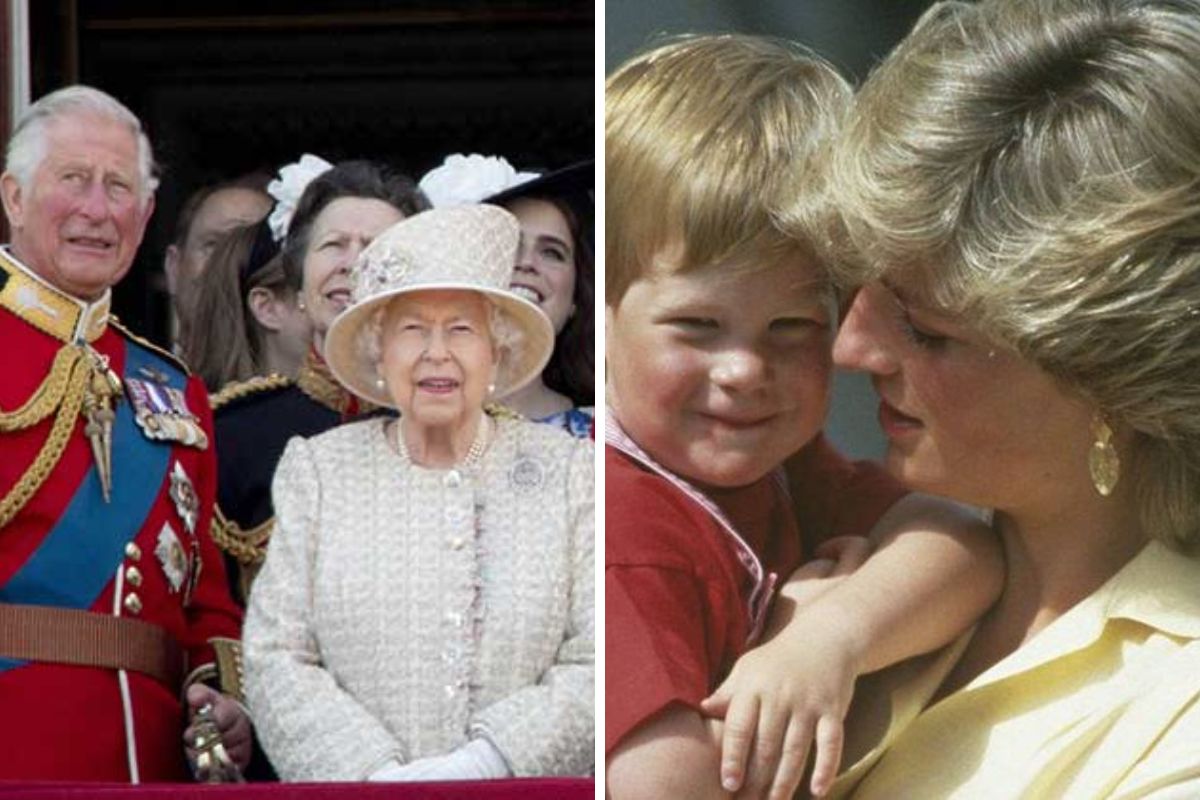 Rei Charles III com a mãe, Elizabeth II e Harry com Lady Di, em uma fotomontagem