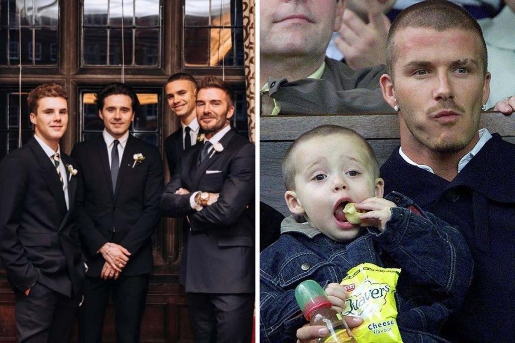 David Beckham com os 3 filhos (direita) e com Brooklyn no colo