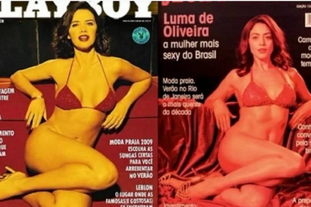 fotomontagem com luma de oliveira sendo capa de revista playboy e carol castro imitando a capa para o filme "tudo ou nada"