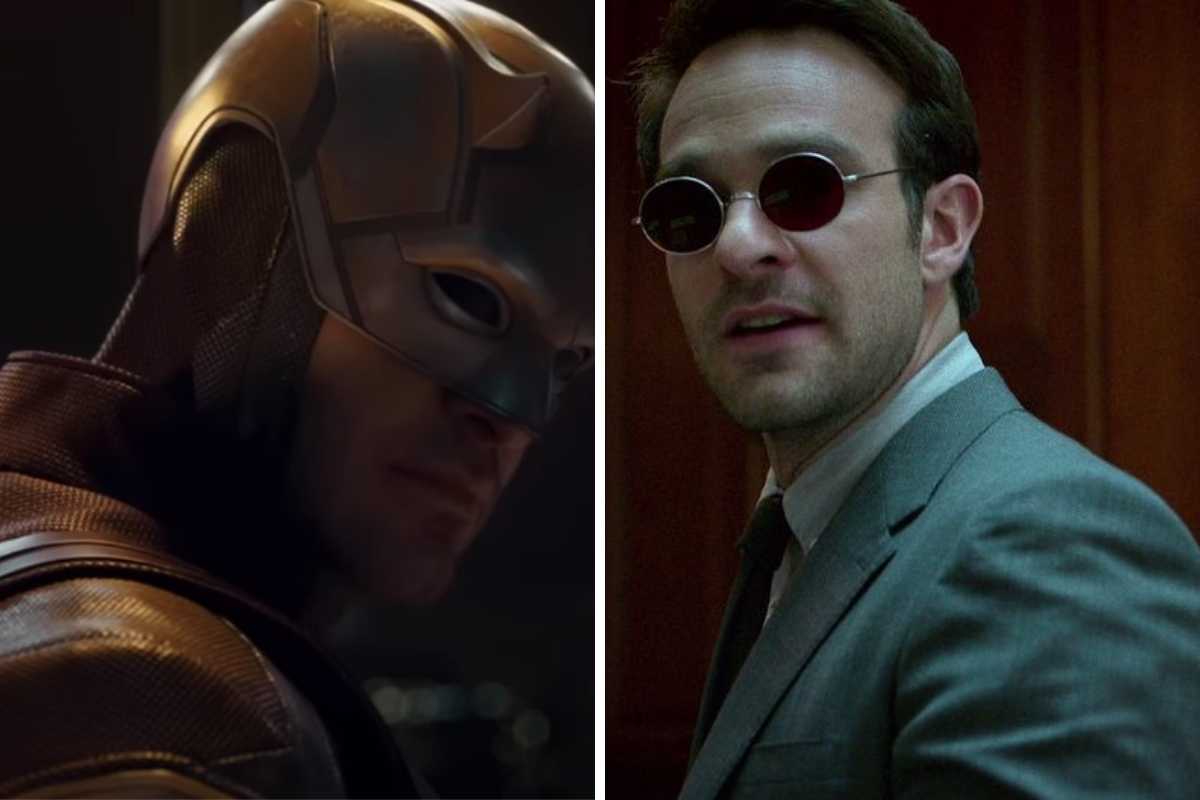 fotomontagem de matt murdock (charlie cox) com traje de demolidor em mulher-hulk e de terno em tribunal em série solo da marvel