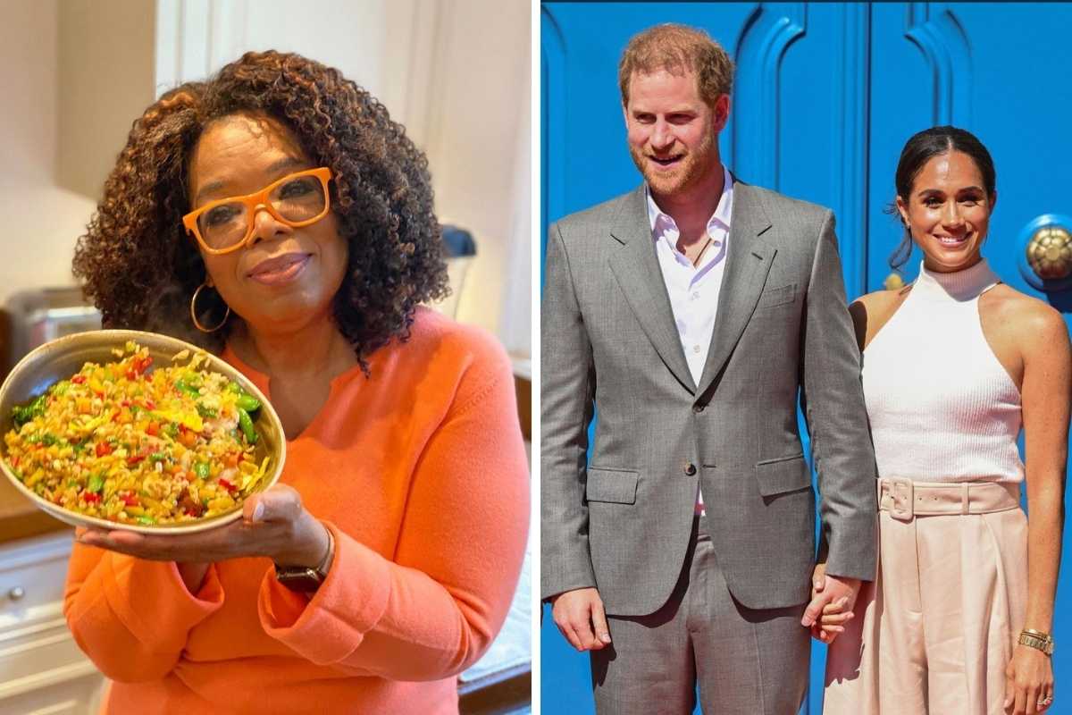 fotomontagem de oprah winfrey segruando prato e harry segurando casa de meghan markle