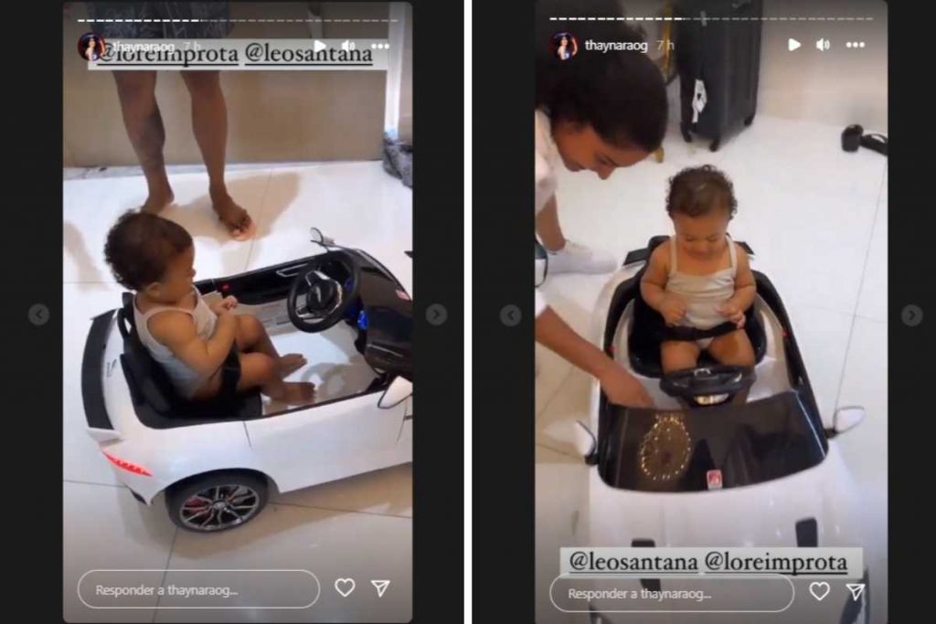 Stories de Thaynara OG mostrando Liz com carro de brinquedo de aniversário