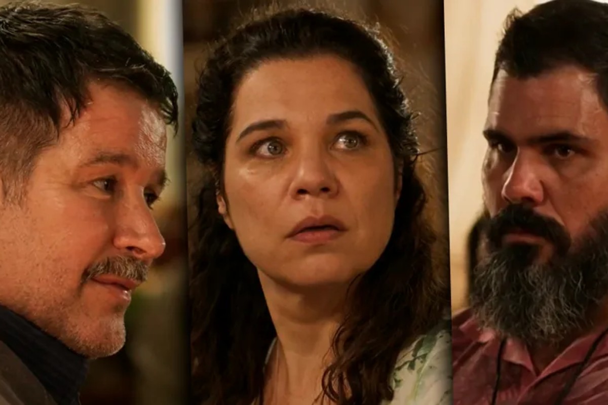 fotomontagem de tenório (murilo benício), maria bruaca (isabel teixeira) e alcides (juliano cazarré) em pantanal