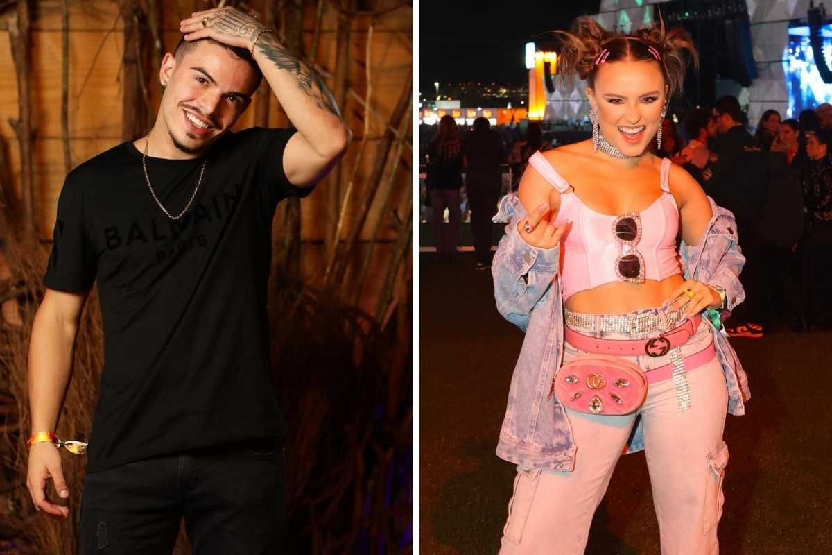 fotomontagem de thomaz costa com look preto e larissa manoela com look rosa no rock in rio