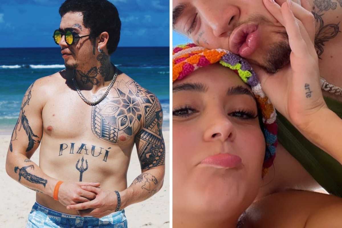 fotomontagem de whindersson nunes na praia e thaylise pivato posando com whindersson nunes