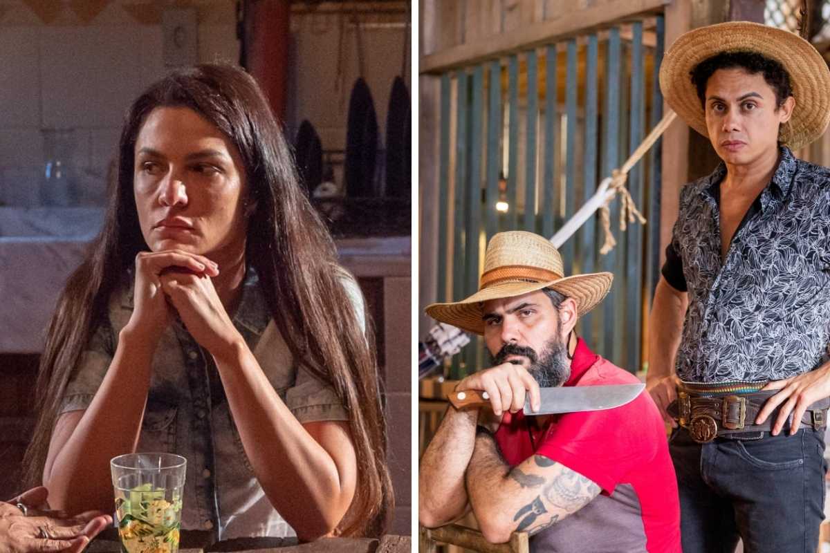 fotoomontagem de zefa (paula barbosa), alcides (juliano cazarré) e zaquieu (silvero pereira) em pantanal