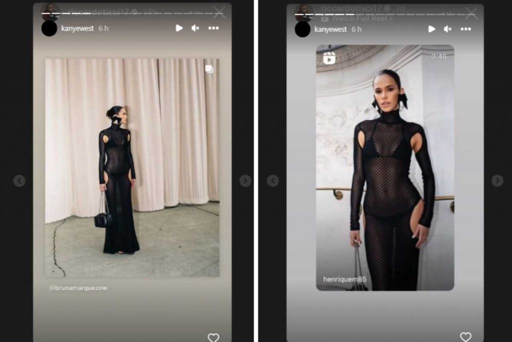 stories de kanye west mostrando look de bruna marquezine em desfile da burberry em londres