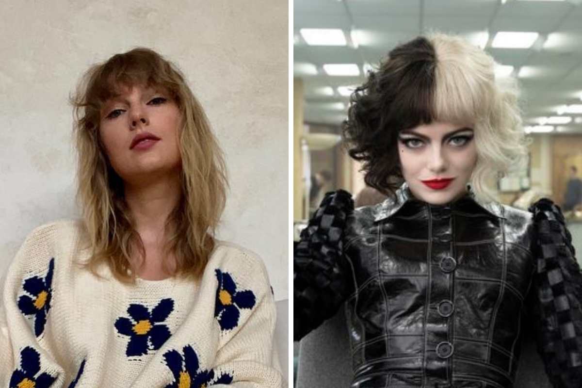 Taylor Swift e Emma Stone, como Cruella, posando para foto