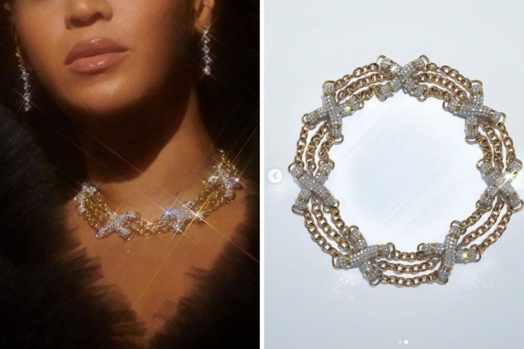 Fotomontagem de Beyoncé com colar da grife Tyffani, cravejado com 755 diamantes