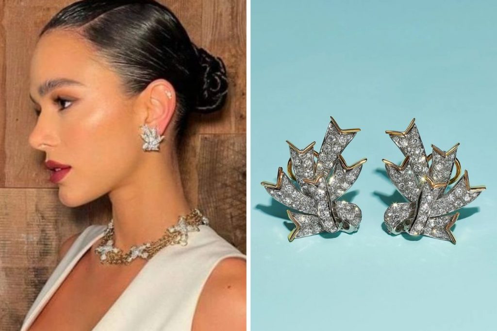 Bruna Marquezine com brincos de diamantes e brilhantes da Tyffani & Co.