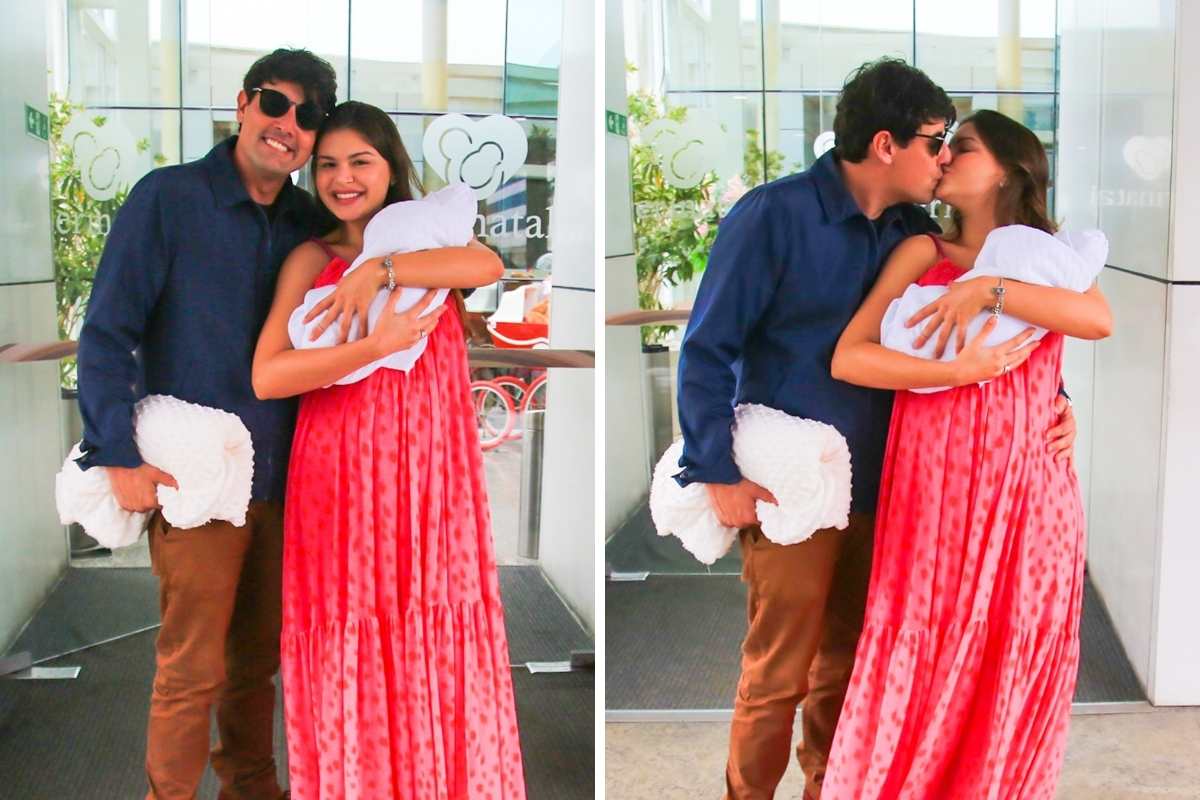 Bruno de Luca e Sthéfany Vidal deixam maternidade com a filha, Aurora, nos braços
