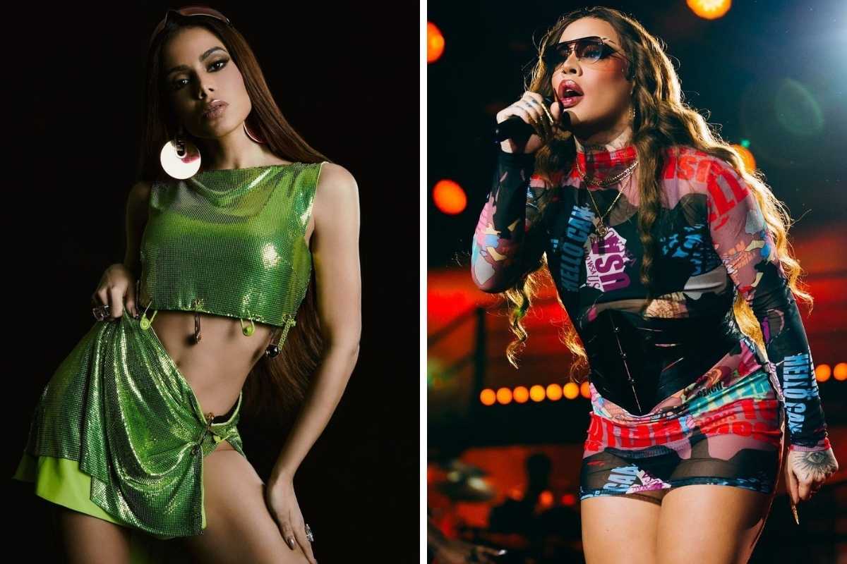 fotomontagem de anitta com look verde e gloria groove ensaiando para o música boa ao vivo