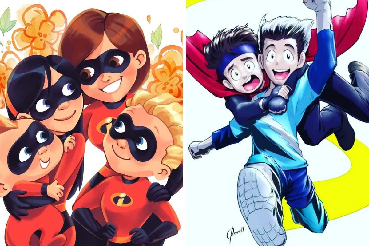 fotomontagem com artes desenhadas da família incrível e de billy e tommy maximoff