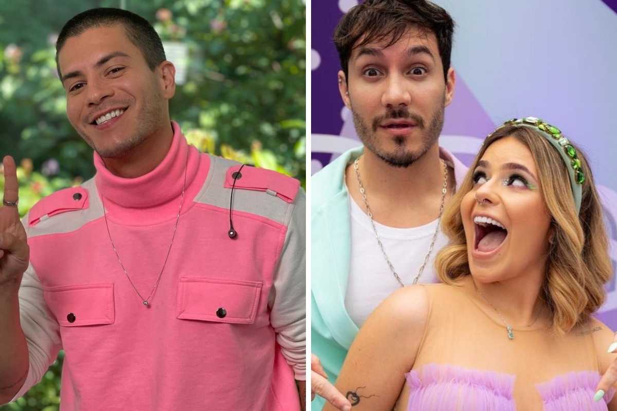 fotomontagem de arthur aguiar com blusa rosa e eliezer abraçado com viih tube