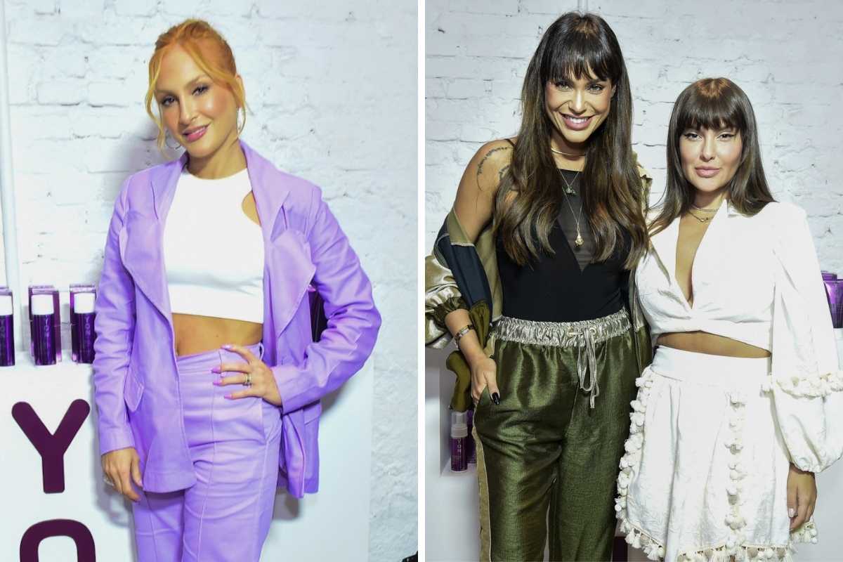 fotomontagem de claudia leitte, sarah andarde e thais braz no lançamento de produtos yon