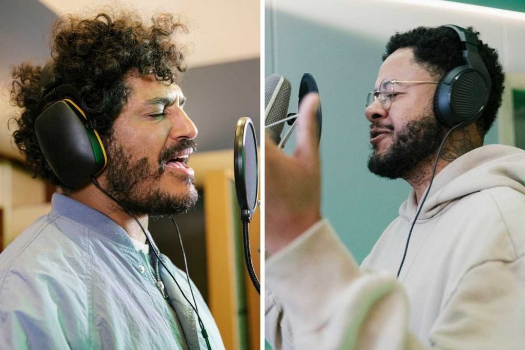 fotomontagem de criolo e emicida gravando música em estúdio