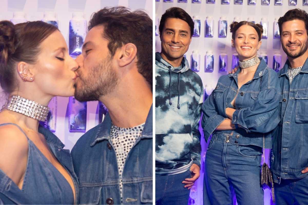 fotomontagem de flavia lucini beijando leandro lima e ambos posando com ricardo pereira em evento da malwee