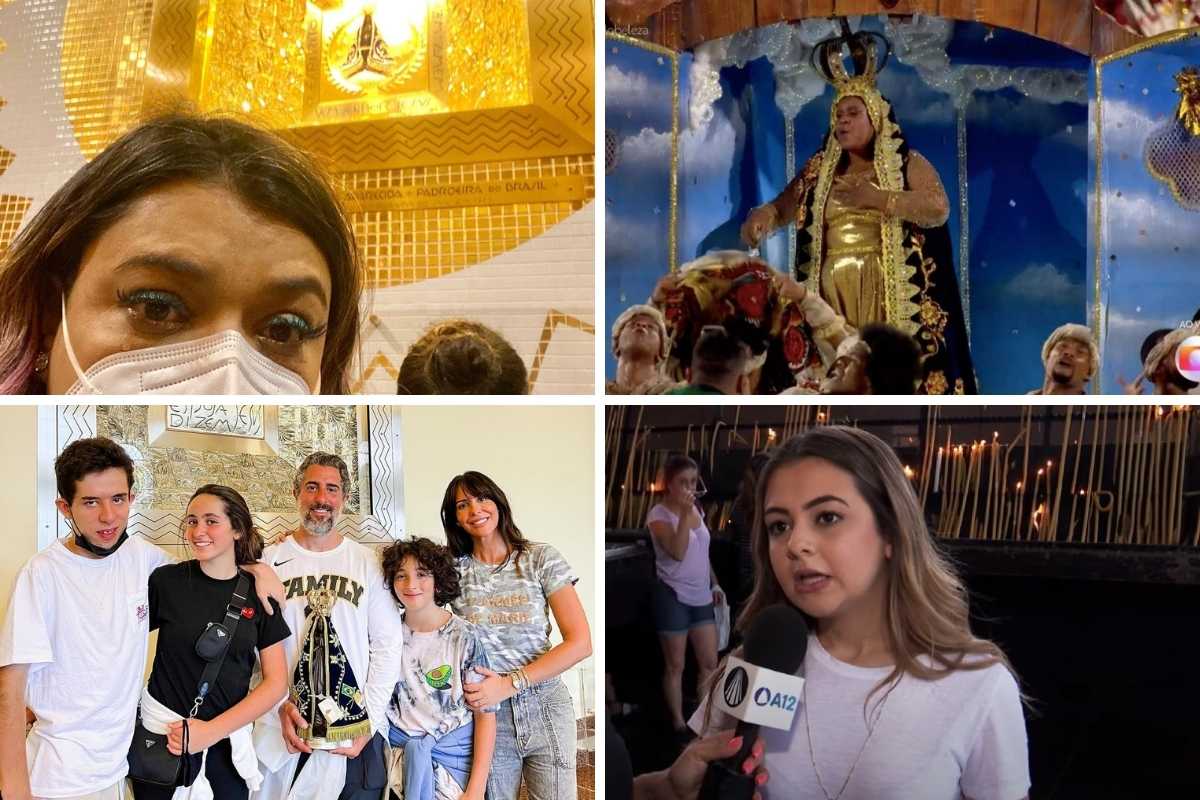 fotomontagem de preta gil, cacau protássio, marcos mion e klara castanho com devoção à nossa senhora aparecida