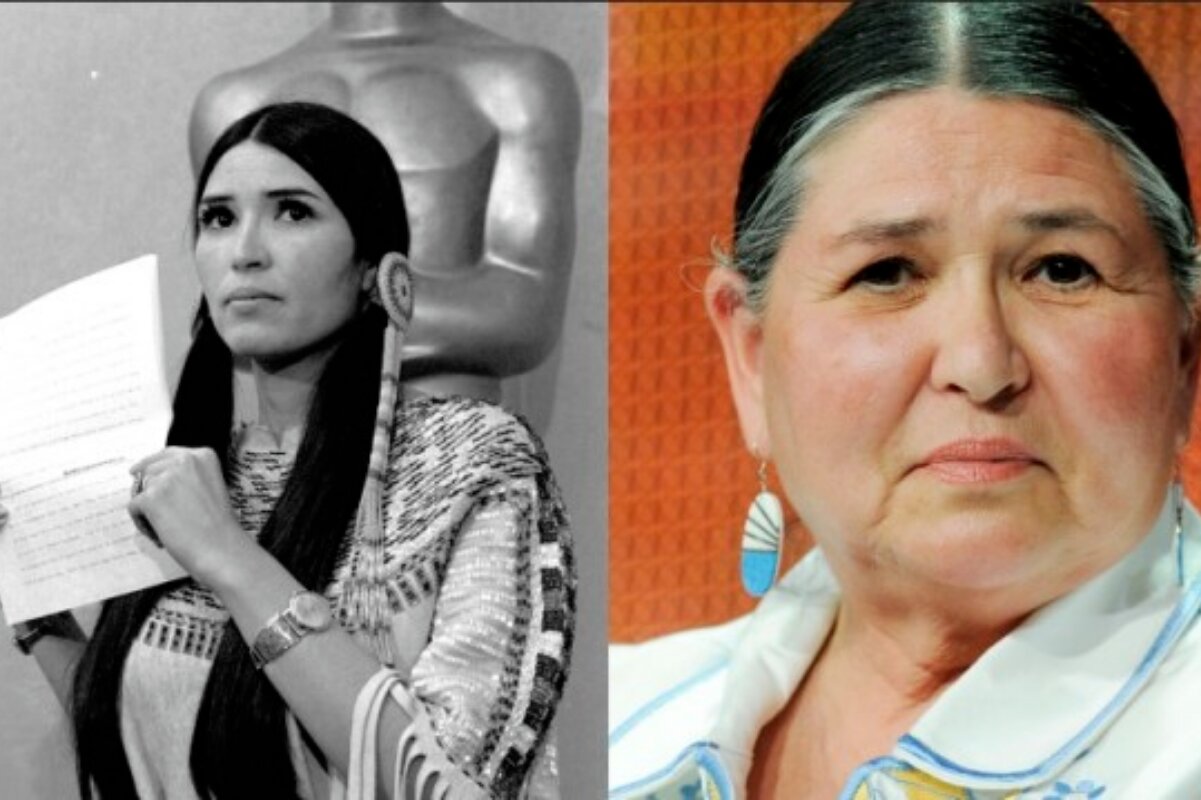 Sacheen Littlefeather na cerimônia do Oscar em 1073 e imagem recente