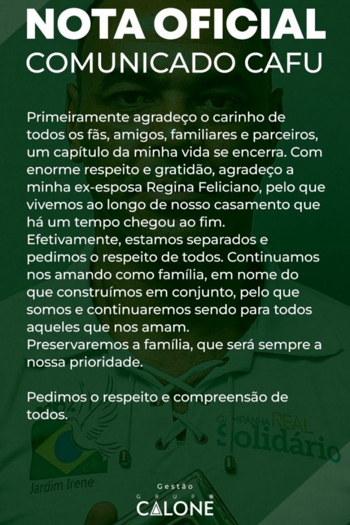 Nota oficial sobre separação de Cafu