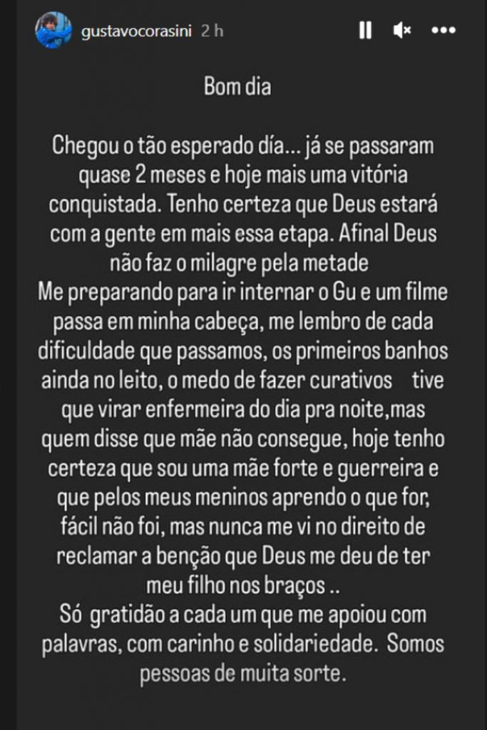 Post emocionante da mãe do ator Gustavo Corasini