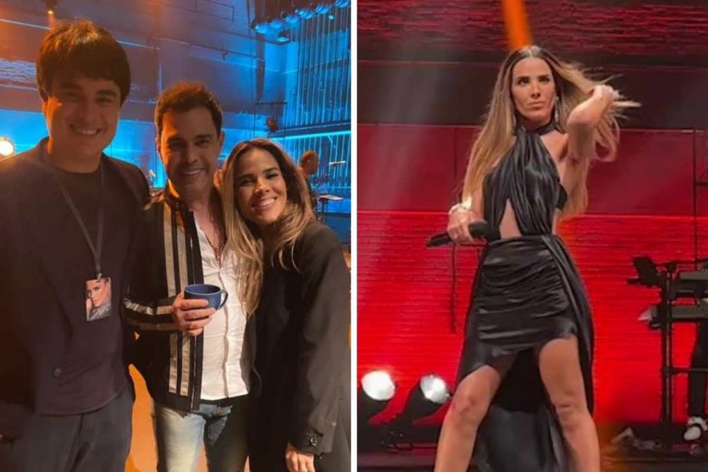 Wanessa Camargo posando para foto com o pai e o irmão nos bastidores de show da cantora