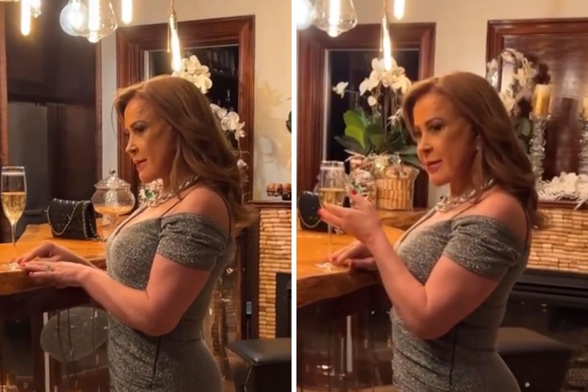 Zilu Camargo arrasou ao aparecer com vestido curto e bem justo, tomando uma taça de espumante