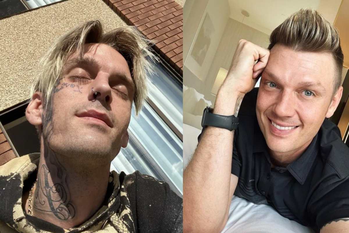 Aaron Carter de olhos fechados, Nick Carter sorrindo
