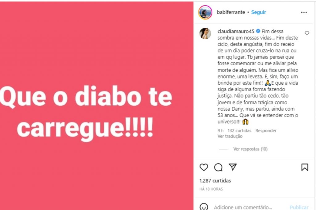 comentátio de claudia mauro em publicação de barbara ferrante comemorando morte de guilherme de padua