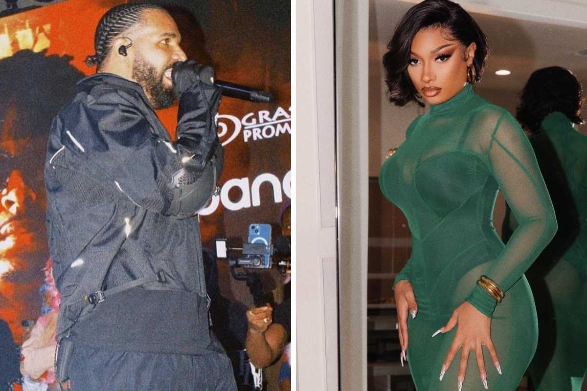 fotomontagem de drake se apresentando no palco e megan thee stallion posando estilosa