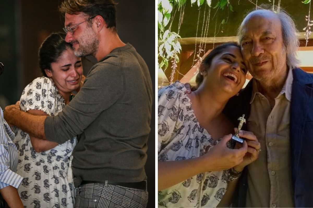 fotomontagem de fernanda passos, viúva de erasmo carlos, com mesmo vestido no velório e no casamento com o cantor