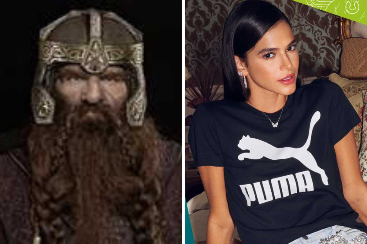 fotomontagem de joh rhys-davies em o snehor dos aneis e bruna marquezine com camiseta da puma