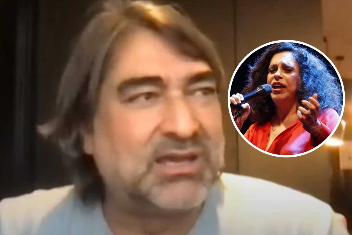 fotomontagem de zeca camargo em entrevista ao uol news com bolinha de gal costa cantando