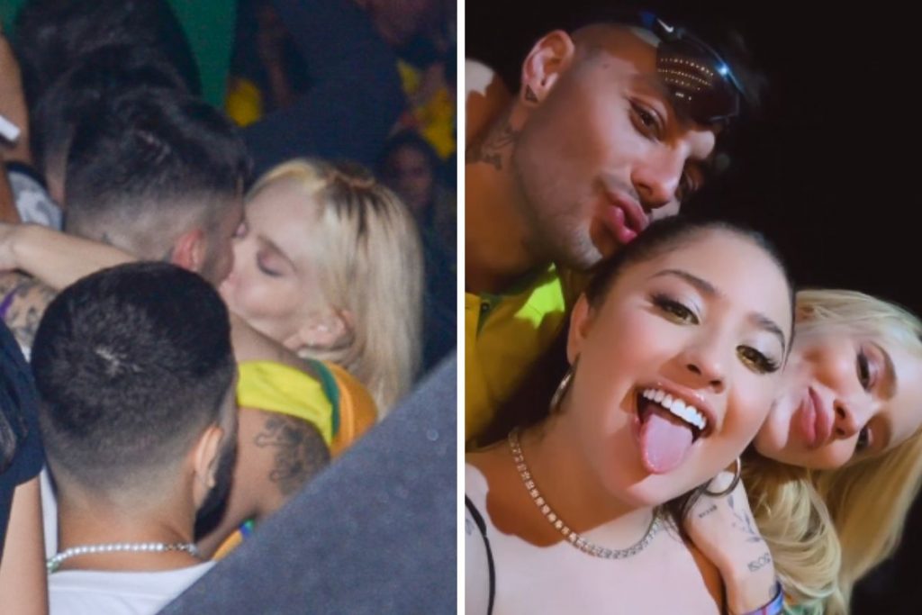 Karoline Lima e Gui Araújo aos beijos e posando para foto com Mari Fernandez