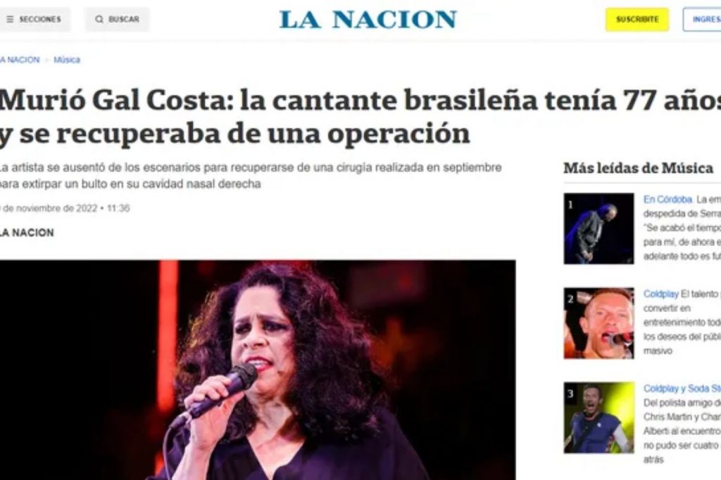 La Nacion publica a morte de Gal Costa