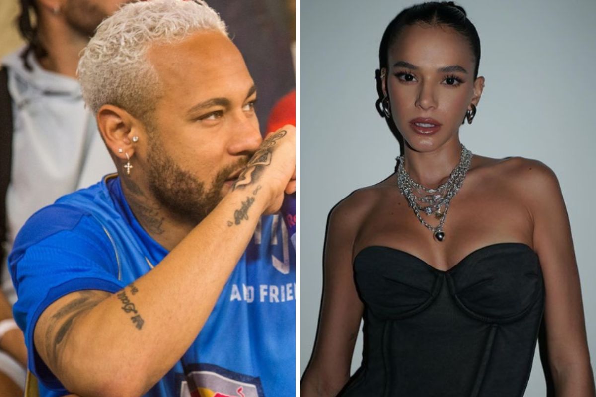 Fotomontagem de Neymar olhando para o lado e Bruna Marquezine de blusa ombro a ombro