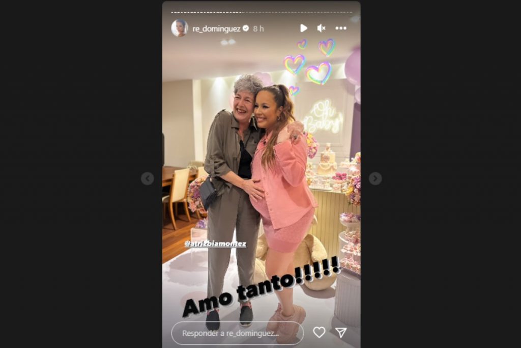 stories do chá de bebê de renata dominguez posando com bia montez no instagram