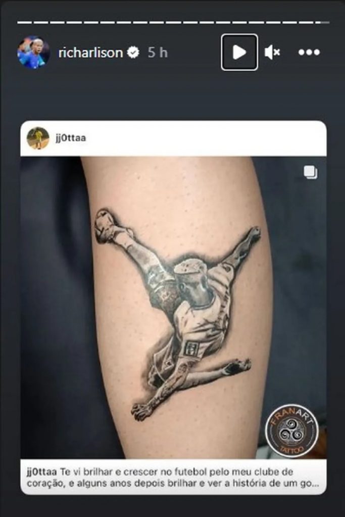 Stories de Richarlison com tatuagem de seu gol contra a Sérvia