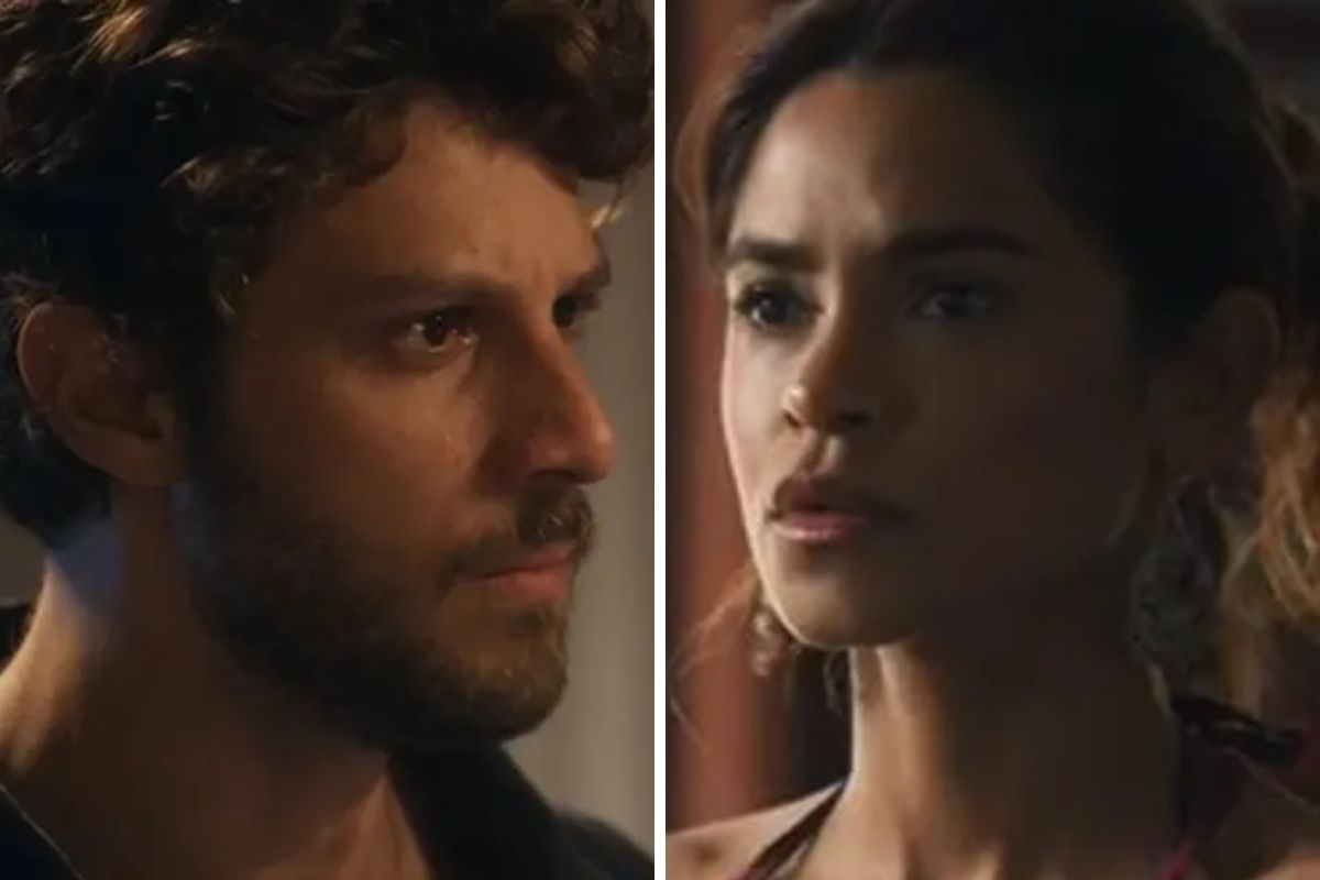 Fotomontagem Ari (Chay Suede) e Brisa (Lucy Alves) em cena de Travessia
