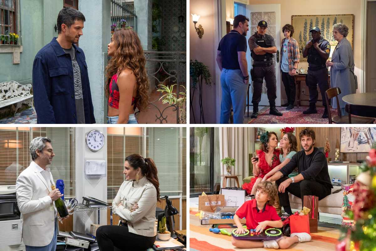 fotomontagem com cenas de Oto (Romulo Estrela) e Brisa (Lucy Alves); Moretti (Rodrigo Lombardi) com Cotinha (Ana Lucia Torre). Rudá (Guilherme Cabral) e policiais; Stenio (Alexandre Nero) surpreendendo Helo (Giovanna Antonelli); e Nubia (Drica Moraes), Chiara (Jade Picon), Ari (Chay Suede) e Tonho (Vicente Alvite) na noite de Natal em Travessia