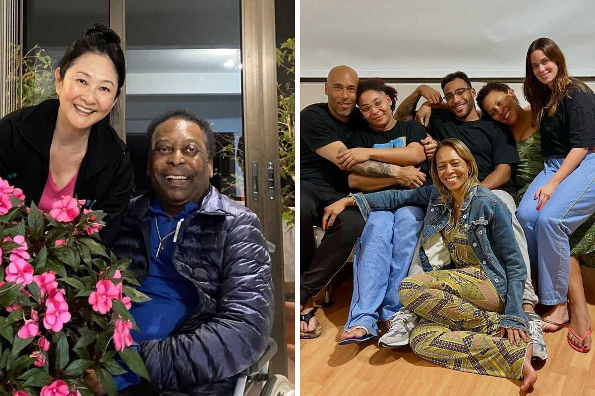 fotomontagem de pelé com marcia aoki e filhos e netos do jogador reunidos no hospital