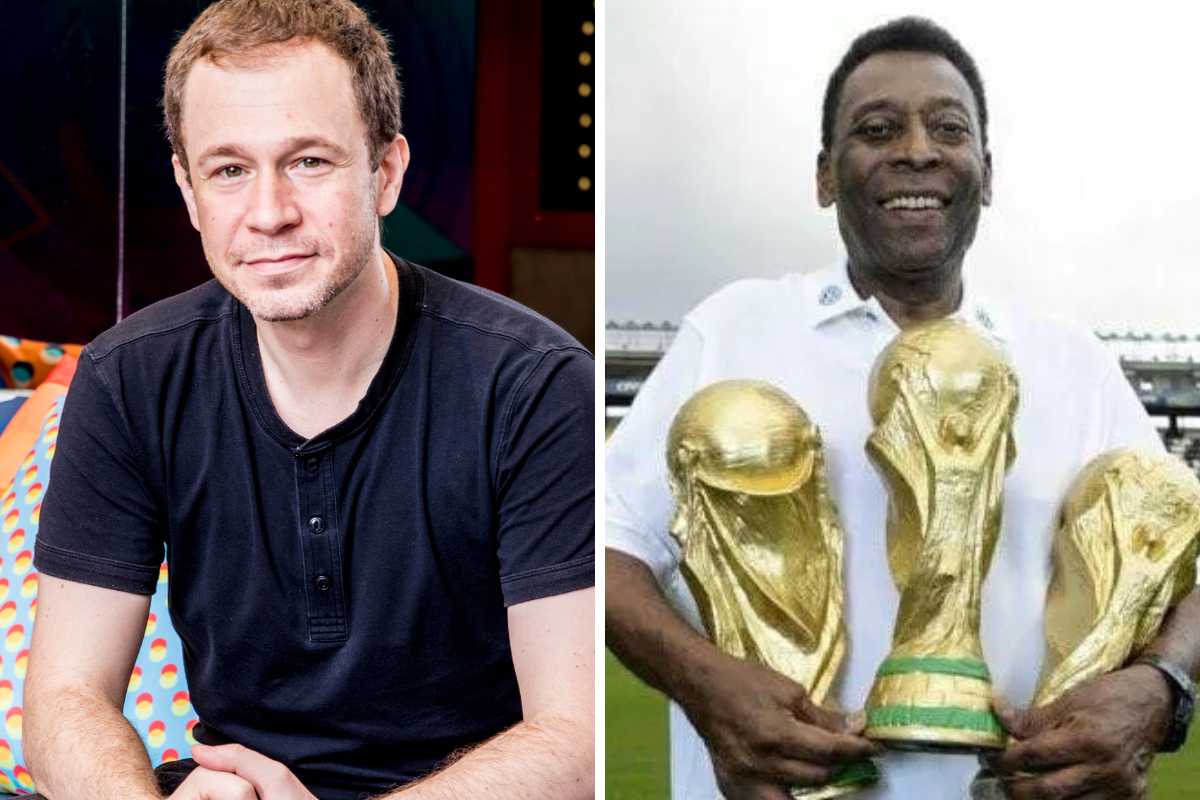 fotomontagem de tiago leifert no bbb e pelé segurando três taças da copa do mundo